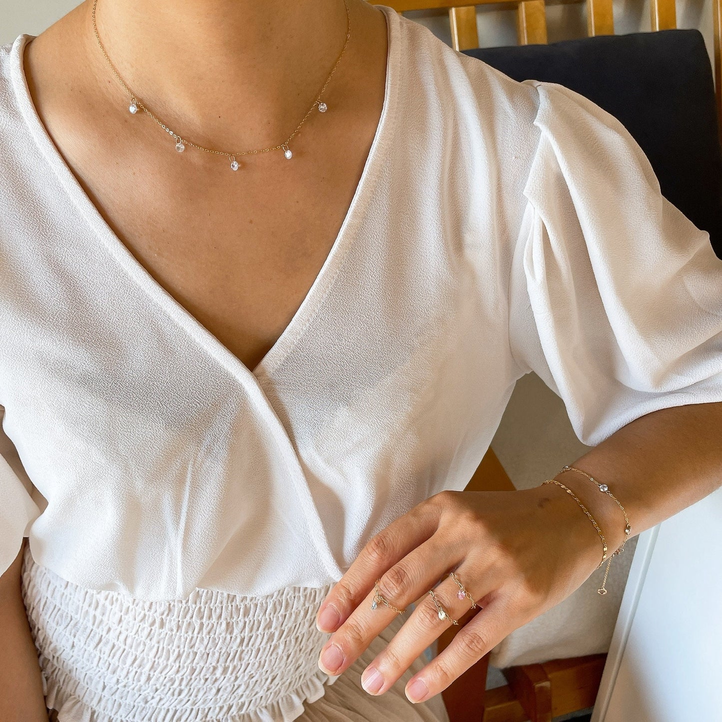 14KGF Dangle Necklace: Diamond CZ Choker with 14K Solid Gold