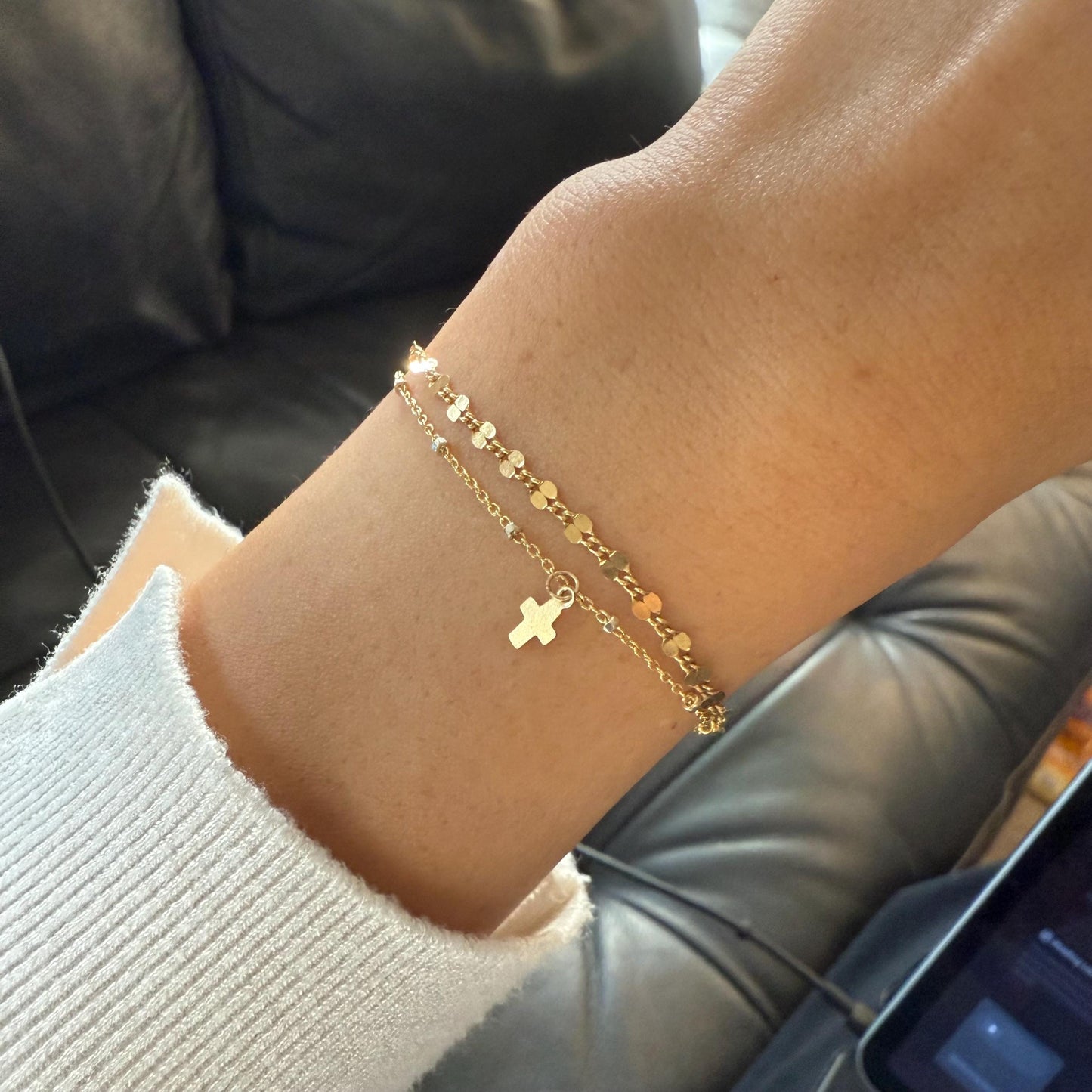14KGF Gold Filled Double Chain Bracelet with Mini Cross Charm | Dapped & Satellite Layered Design | 1/20 14K Stamped