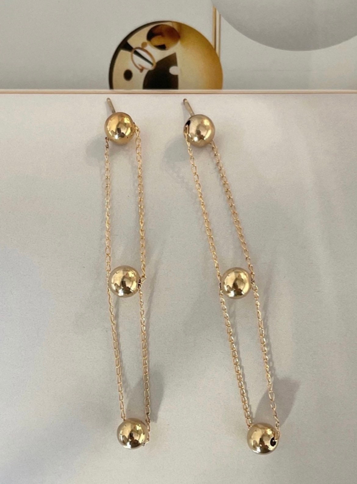 14KGF Golden Ball Drop Earring with Three Golden Pearls Soldered with 14k solid gold 1/20 14K