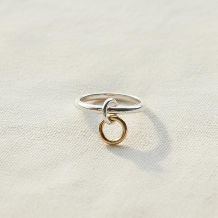 Two-Tone Connected Dangle Rings: 14KGF Gold and Sterling Silver Stacking Ring