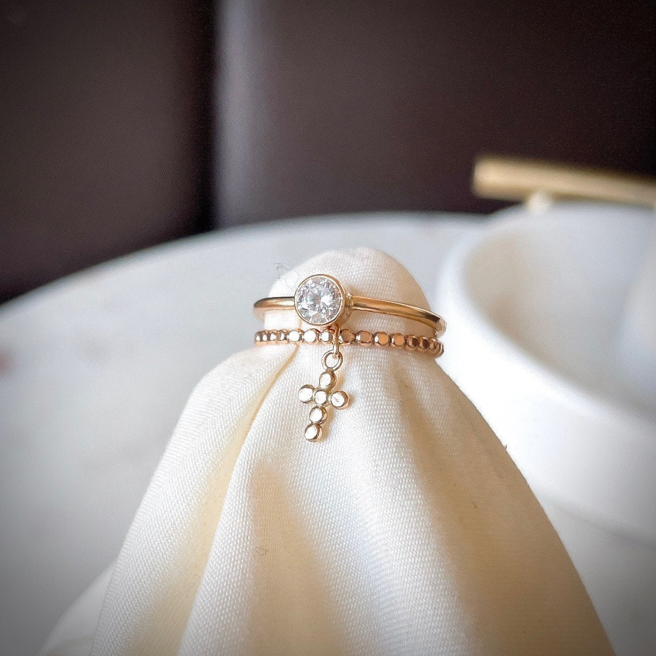 14KGF Cross Dangle Ring Set: Religious Rosary Style