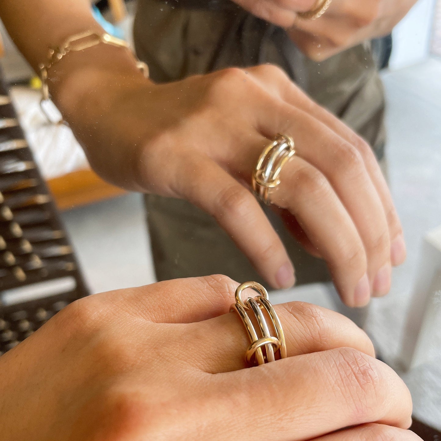 Two-Tone Connected Ring: 14KGF Gold and Sterling Silver Stacking Ring (R13)