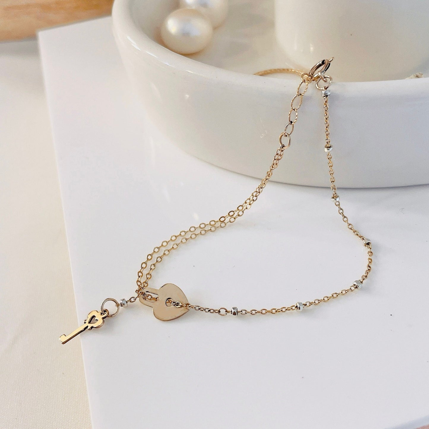 14KGF Gold Heart Lock and Key Bracelet 14K Gold-Filled with 14K Solid Gold Dainty Bracelet Double Strand Bracelet Everyday Bracelet 14K 1/20