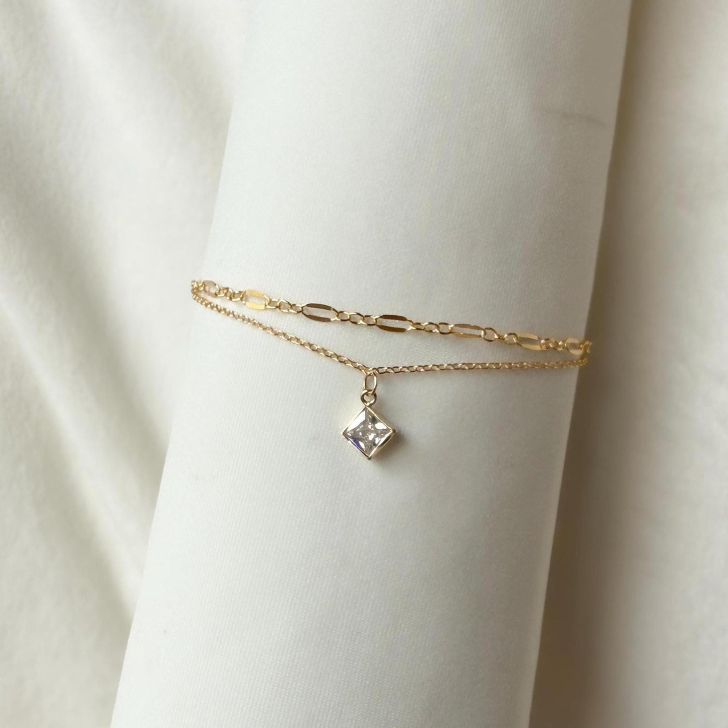 14KGF Gold Filled Double Chain Bracelet with Diamond Square Charm | Mix and Match Design | 1/20 14K Stamped