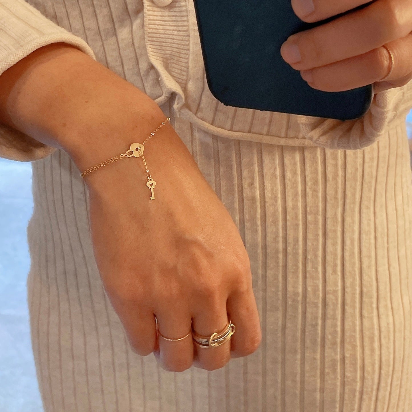 14KGF Gold Heart Lock and Key Bracelet 14K Gold-Filled with 14K Solid Gold Dainty Bracelet Double Strand Bracelet Everyday Bracelet 14K 1/20