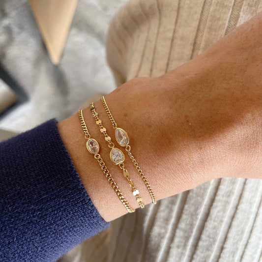 14KGF Solitaire CZ Bracelet: Minimalist Curb Chain Charm