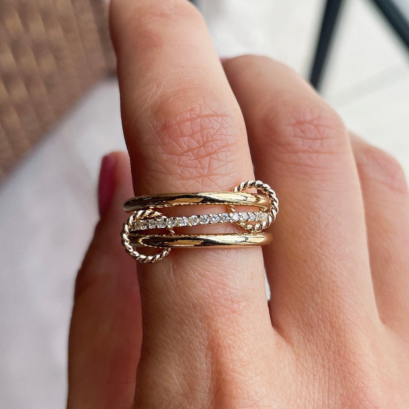14KGF Gold Multi-Link Ring: Sia Ring Chunky Interlocking Statement Ring (R4)