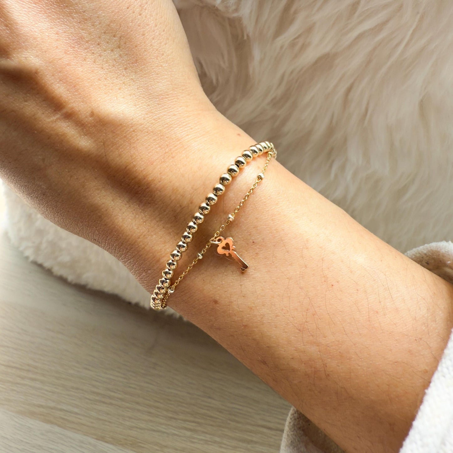 14KGF Dual Chain 3mm Gold Filled Beaded Bracelet | Easy Layered Look with Dainty Key Charm (B10)