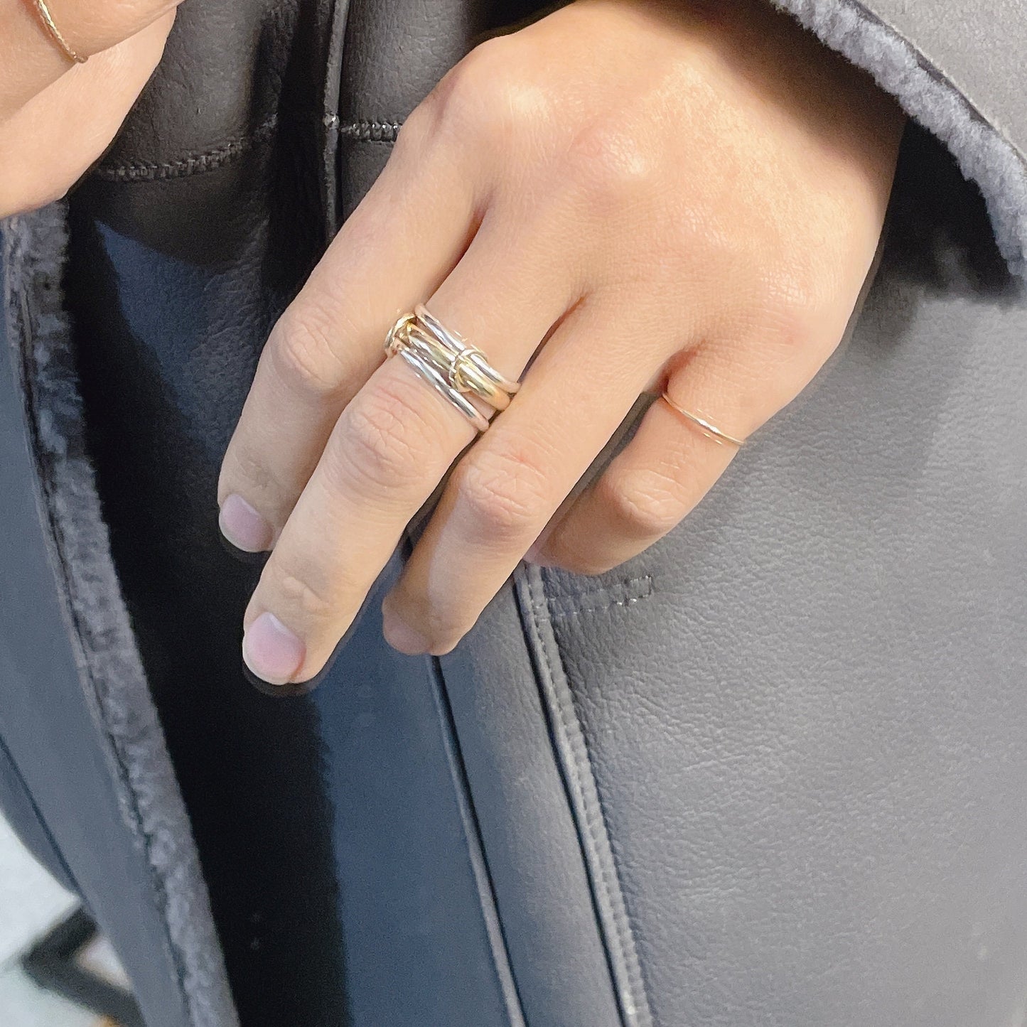 Two-Tone Connected Rings: 14KGF Gold and Sterling Silver Stacking Ring (R2S1)