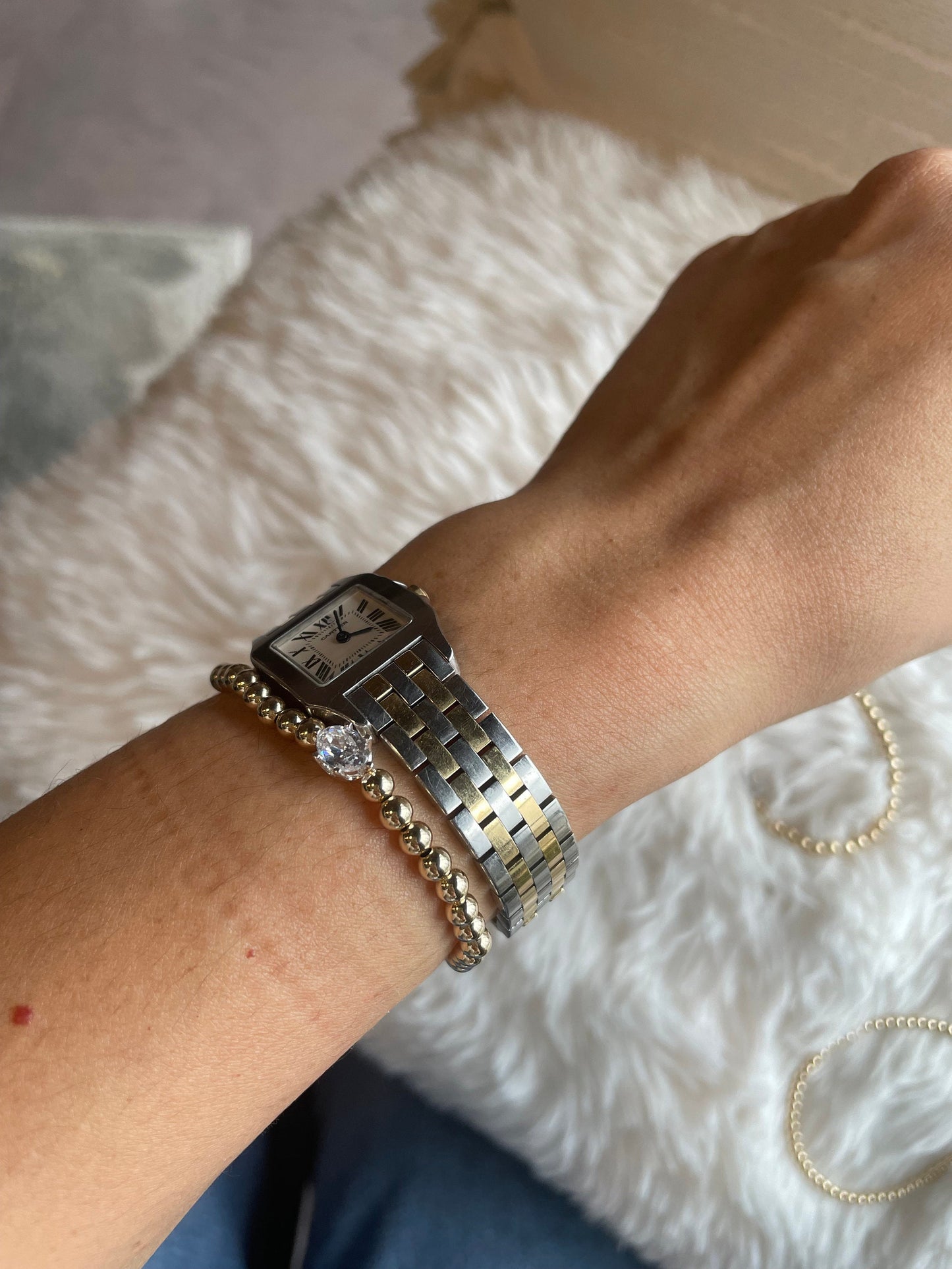 14KGF Gold Beaded Bracelet: Diamond CZ Solitaire
