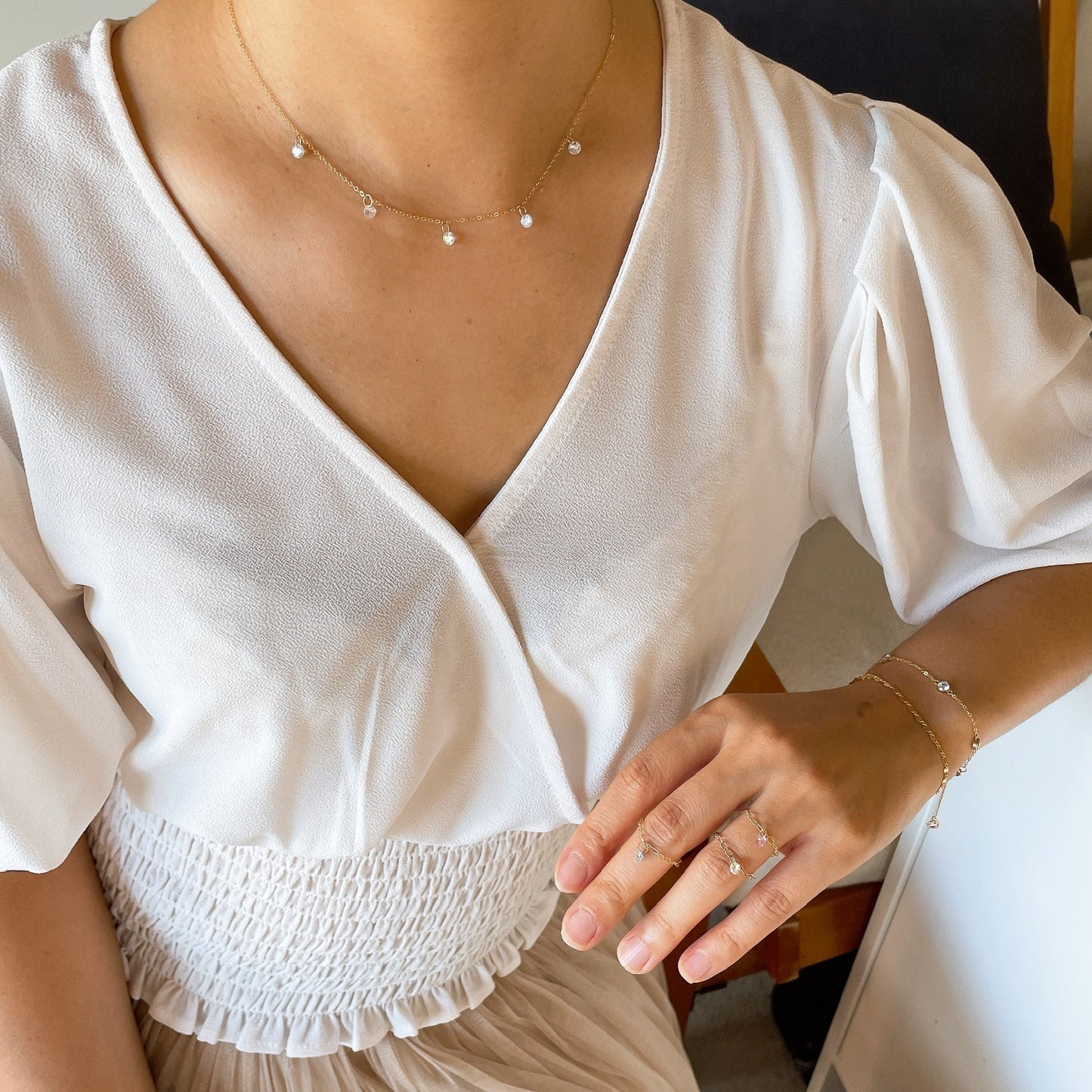 14KGF Dangle Necklace: Diamond CZ Choker with 14K Solid Gold