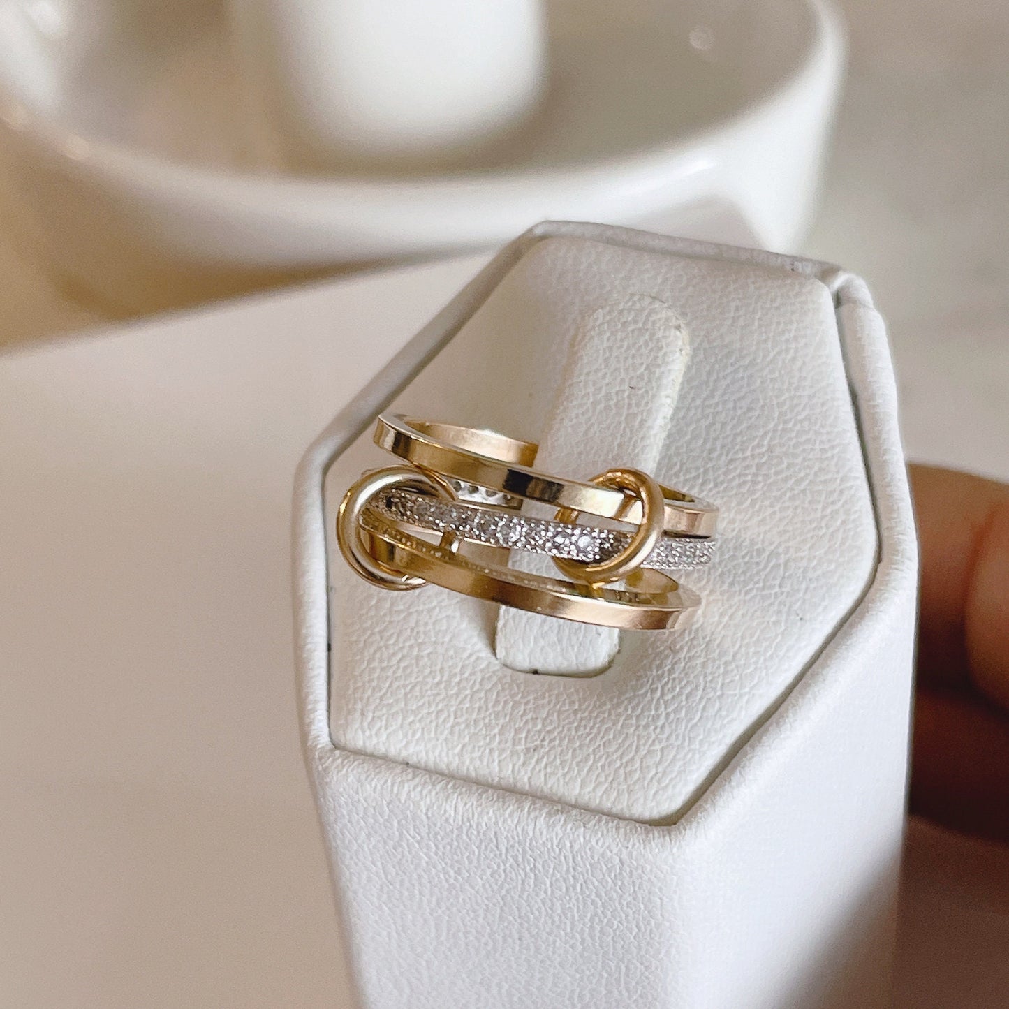 14KGF Gold Multi Link Ring: Chunky Interlocking Statement Ring (R10)