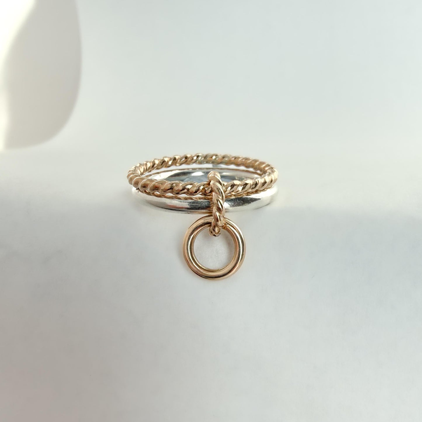 Belief GF Link Ring Two-Tone Connected Dangle Rings: 14KGF Gold and Sterling Silver Stacking Ring Twist Point Dangle