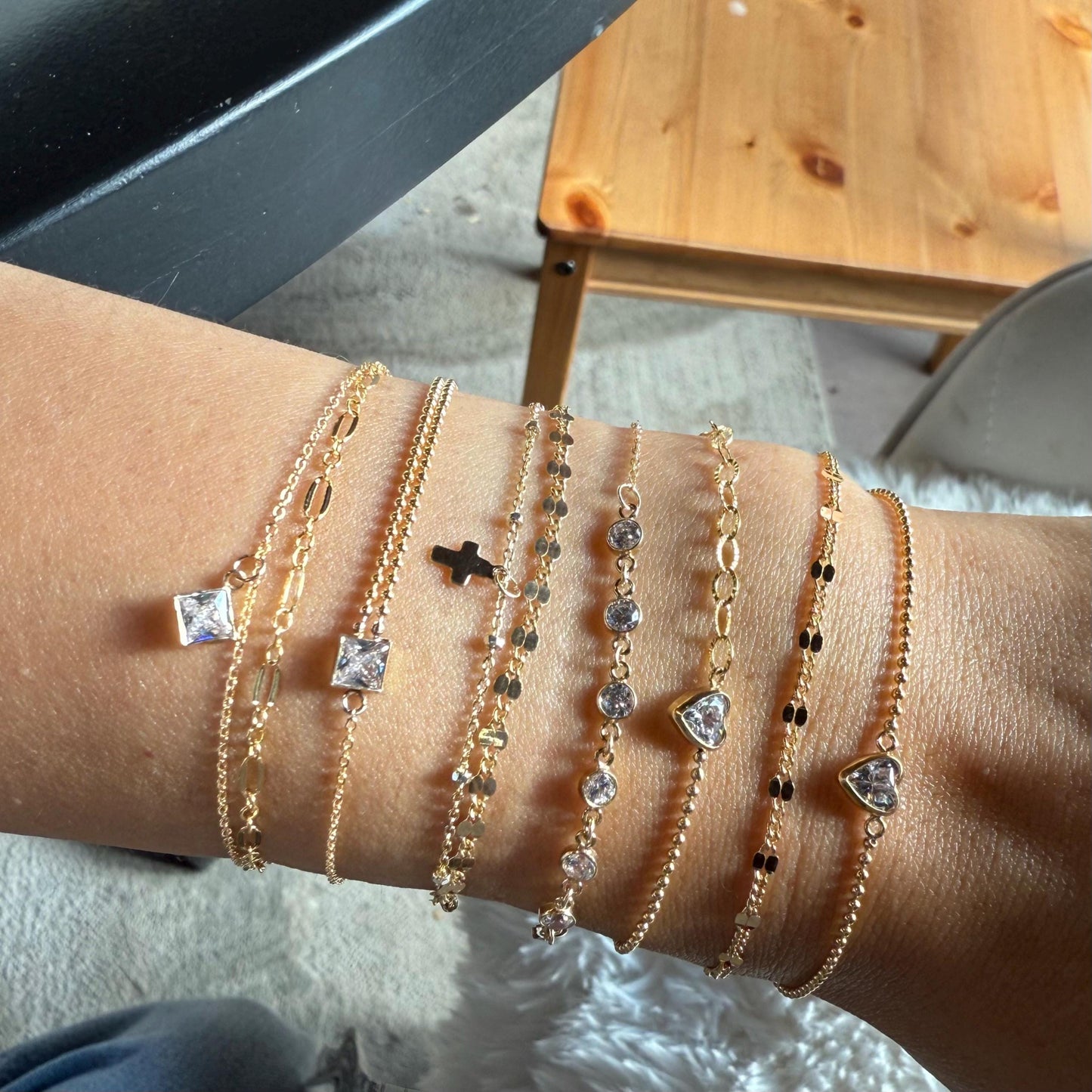 14KGF Gold Filled Double Chain Bracelet with Diamond Square Charm | Mix and Match Design | 1/20 14K Stamped