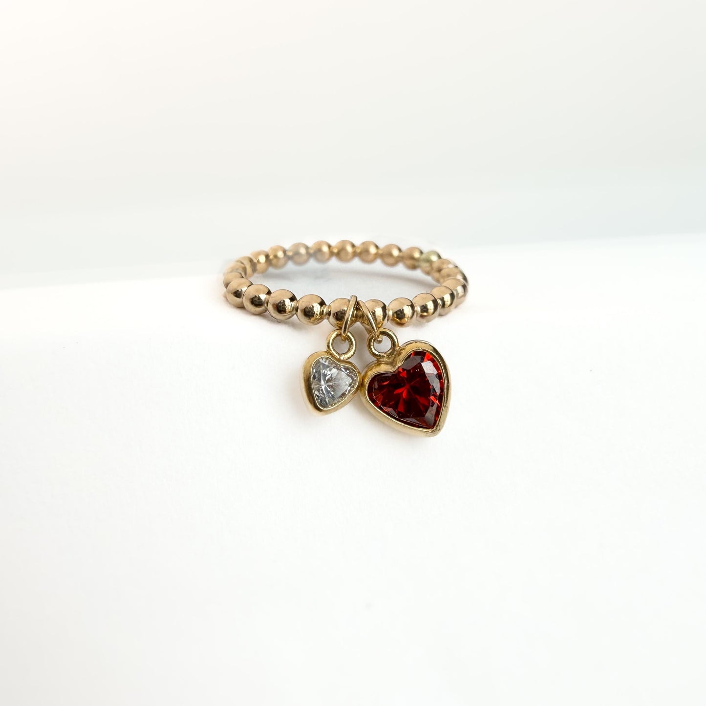 14K Gold-Filled Double Heart Diamond CZ Ring – Dainty Beaded Band