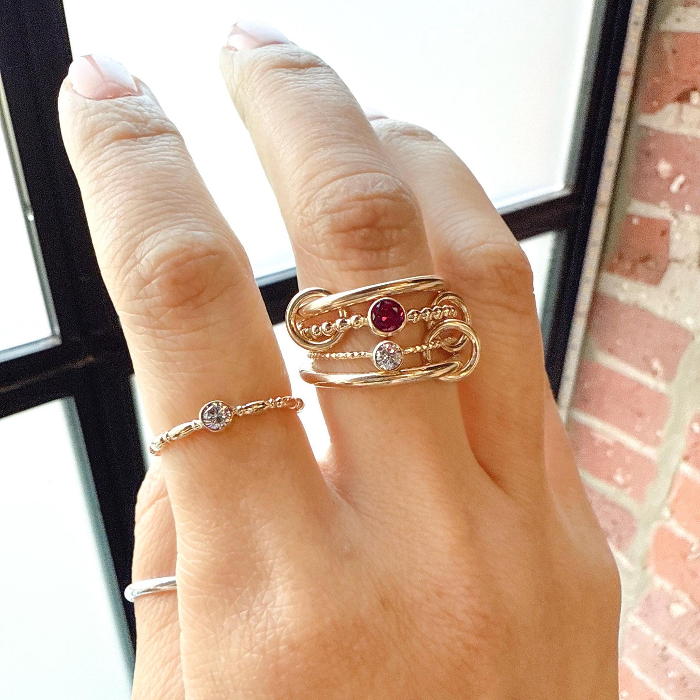 14KGF Gold Multi-Stone Ring: Garnet Bezel Connected Ring January Birth Stone (R18)