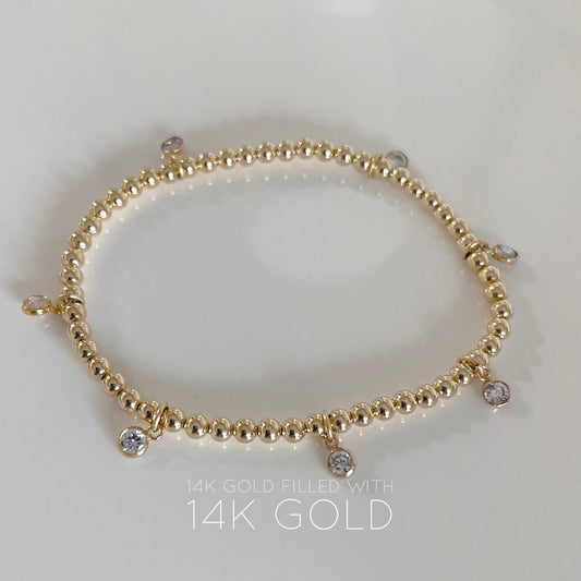 14KGF Beaded Bracelet with CZ Diamond Dangles