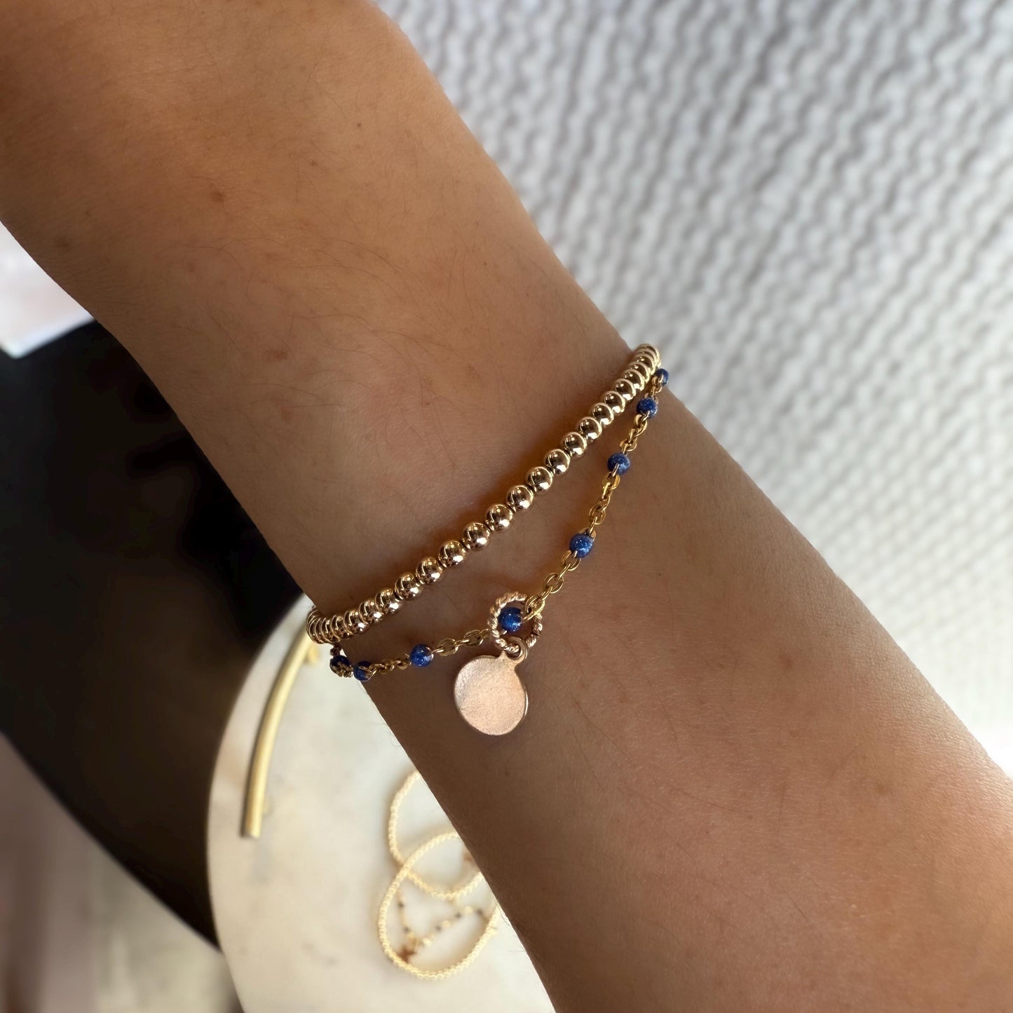 14KGF Dual Chain 3mm Gold Filled Beaded Bracelet | Easy Layered Look with Dainty Key Charm (B11)