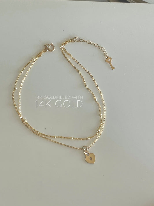 14KGF Gold Heart Lock and Key Double Stranded Anklet 14K Gold-Filled with 14K Solid Gold Dainty Anklet Gift for her