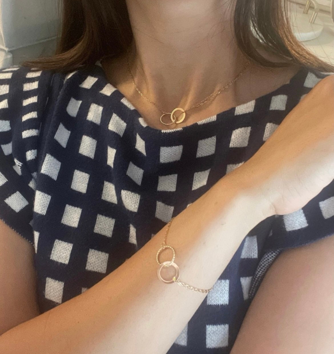 14K Gold Filled Necklace Bracelet Set: Disc Pendant, Double Strand
