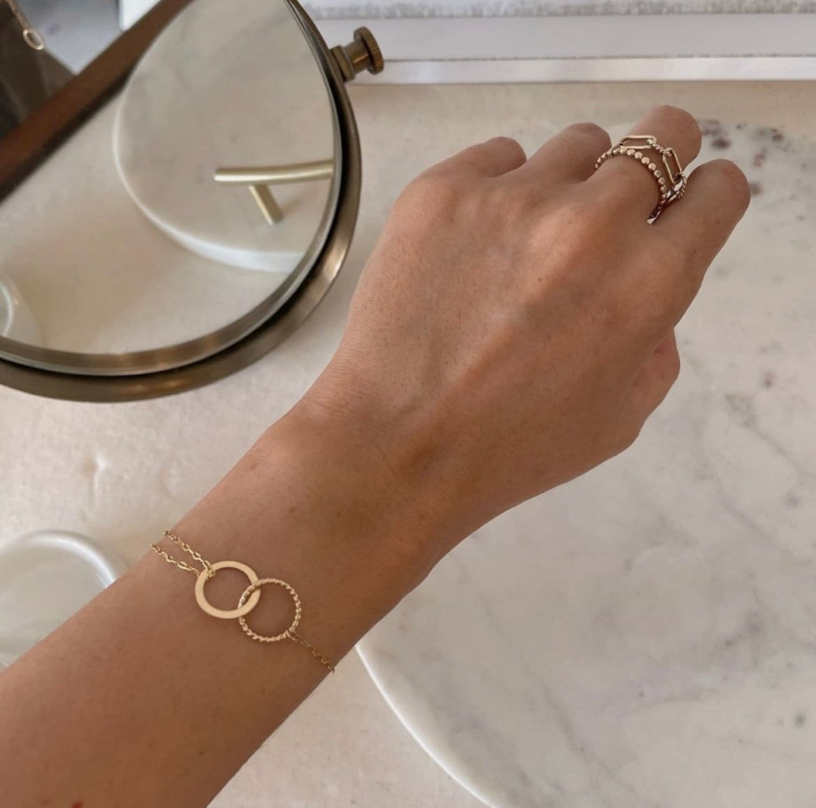 14K Gold Filled Necklace Bracelet Set: Disc Pendant, Double Strand