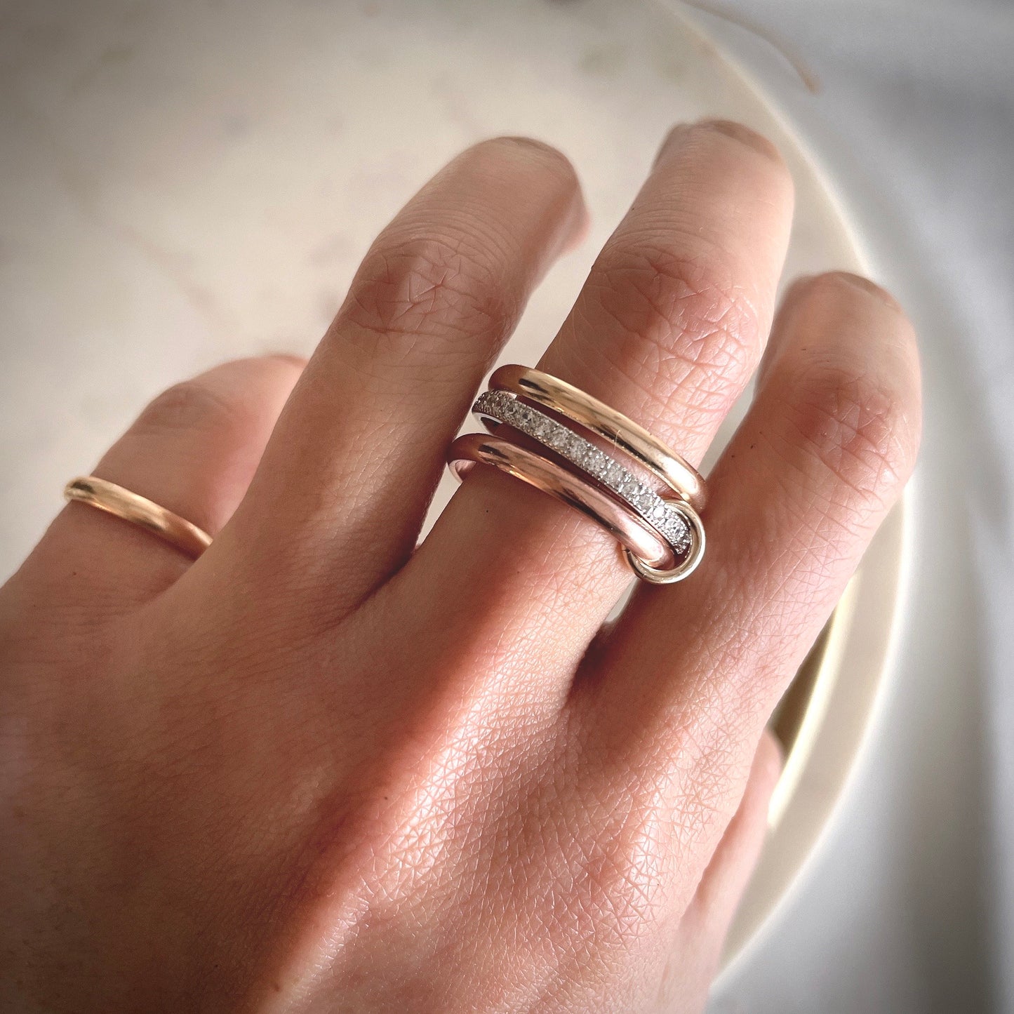 14KGF Two Tone Eternity Ring: Rose Gold & Yellow Gold Connected Bands (R16)