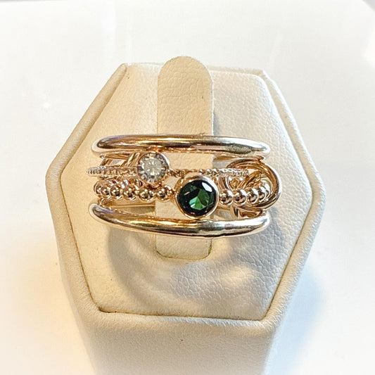 14KGF Gold Multi Stone Ring: Emerald Birthstone Bezel Connected Ring (R19)
