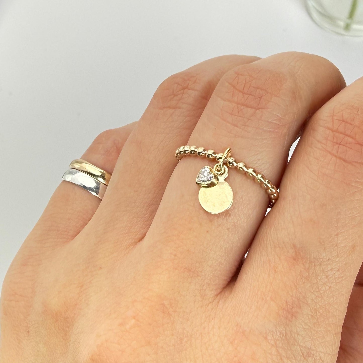 14K Gold Filled Disc and Heart Diamond CZ Ring Dainty Beaded Band Personalized