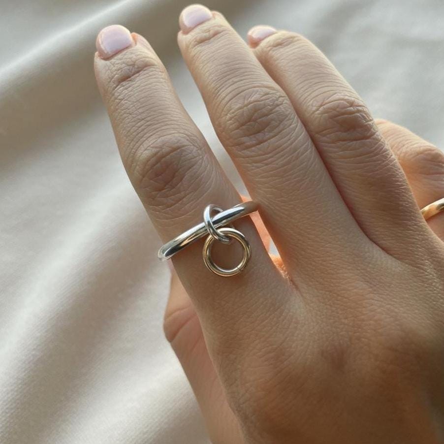 Two-Tone Connected Dangle Rings: 14KGF Gold and Sterling Silver Stacking Ring