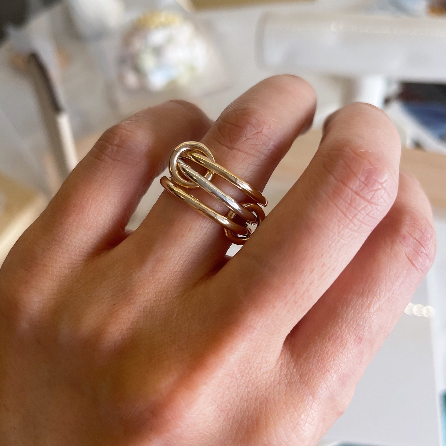 Two-Tone Connected Ring: 14KGF Gold and Sterling Silver Stacking Ring (R13)