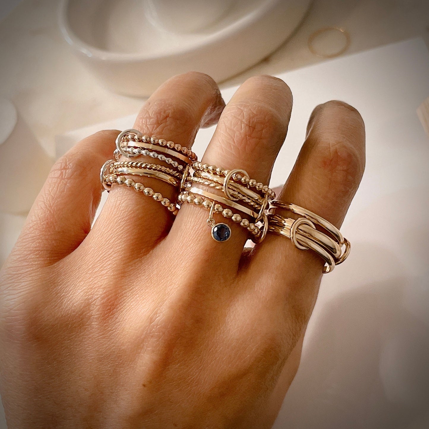 14KGF Gold Multi-Link Ring: Blue Zircon December Birthstone (R21)