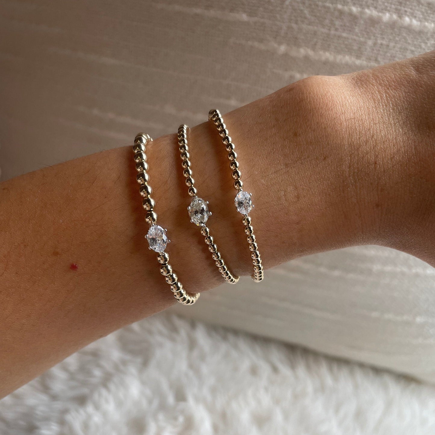 14KGF Gold Beaded Bracelet: Diamond CZ Solitaire