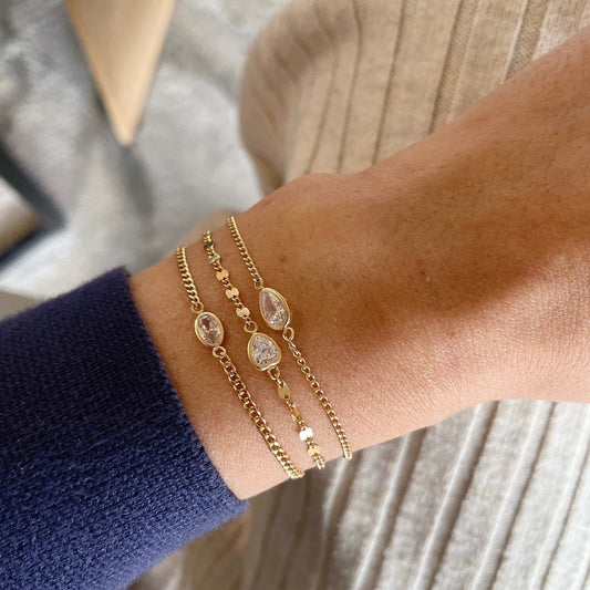 14KGF Solitaire CZ Bracelet: Minimalist Curb Chain Charm