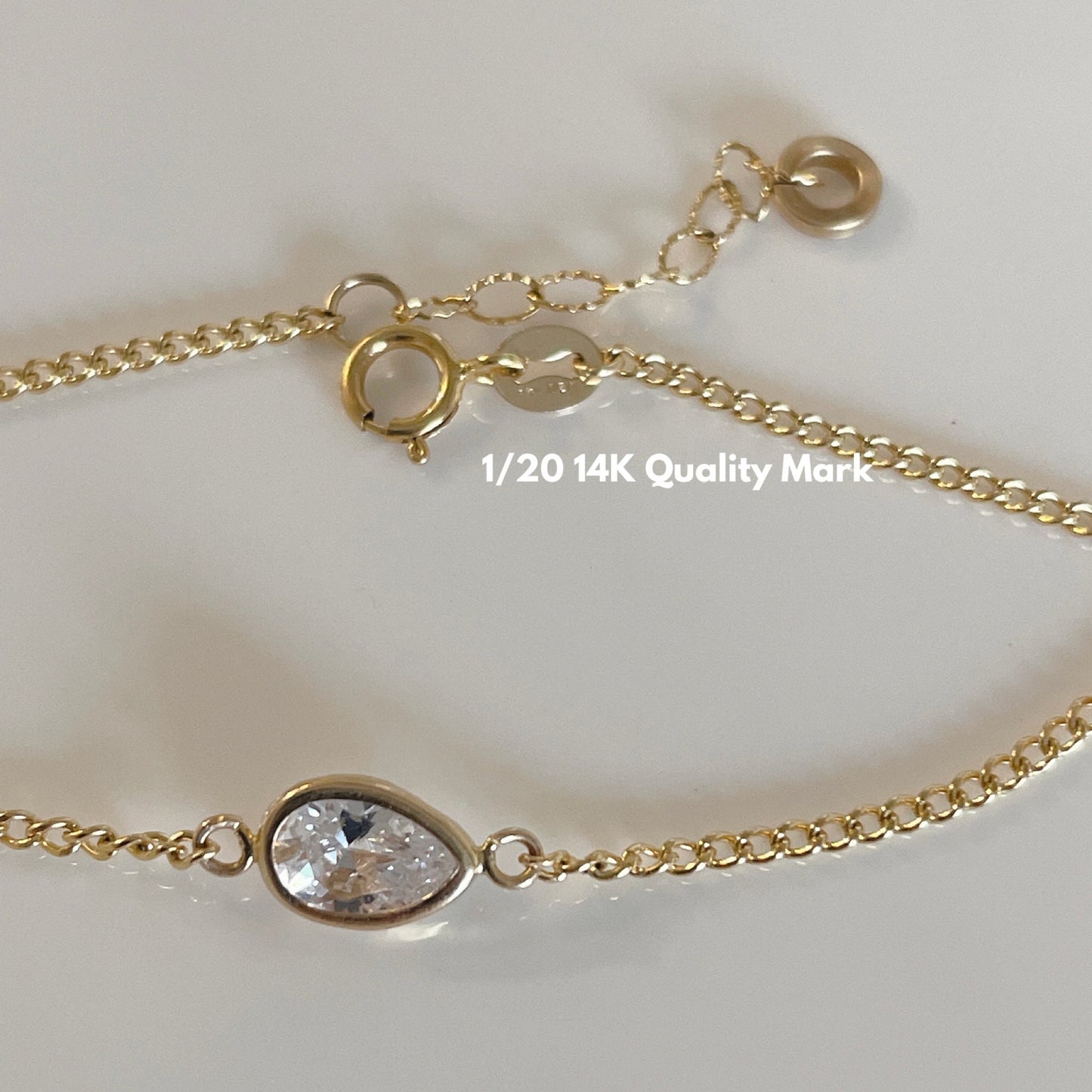 14KGF Solitaire CZ Bracelet: Minimalist Curb Chain Charm