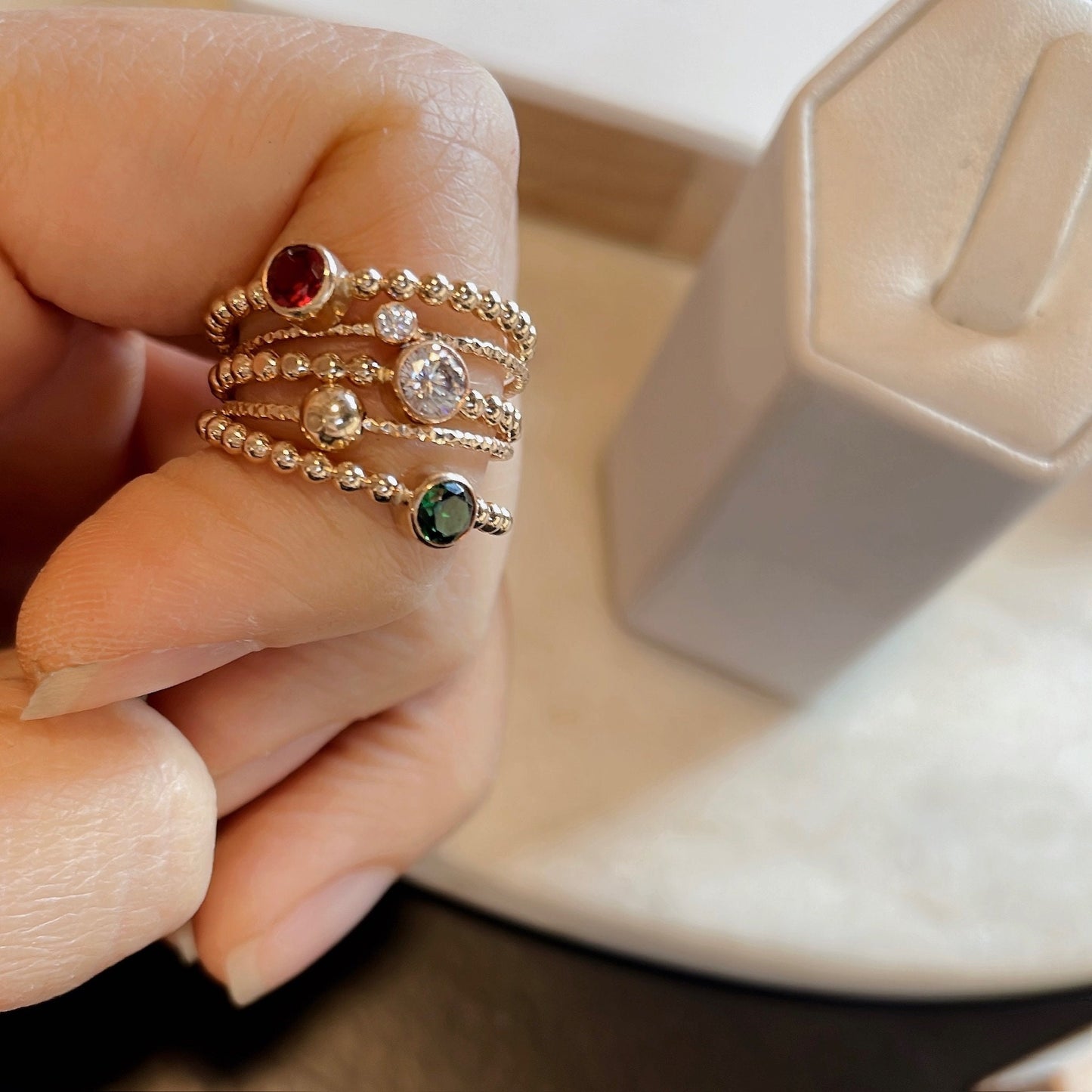 14K Gold Filled Ring Set: Garnet, Emerald, CZ Stackable Rings