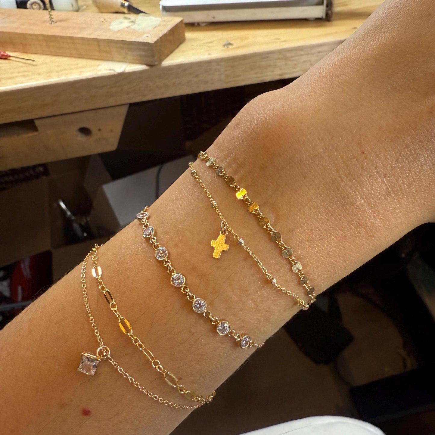 14KGF Gold Filled Double Chain Bracelet with Mini Cross Charm | Dapped & Satellite Layered Design | 1/20 14K Stamped