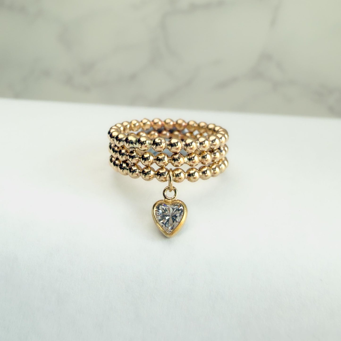 Belief Diamond Collection - Gold Filled Beaded Ring with Heart Charm, Triple Beaded Band, Stackable Pinky Ring, 4mm Moissanite Diamond or CZ