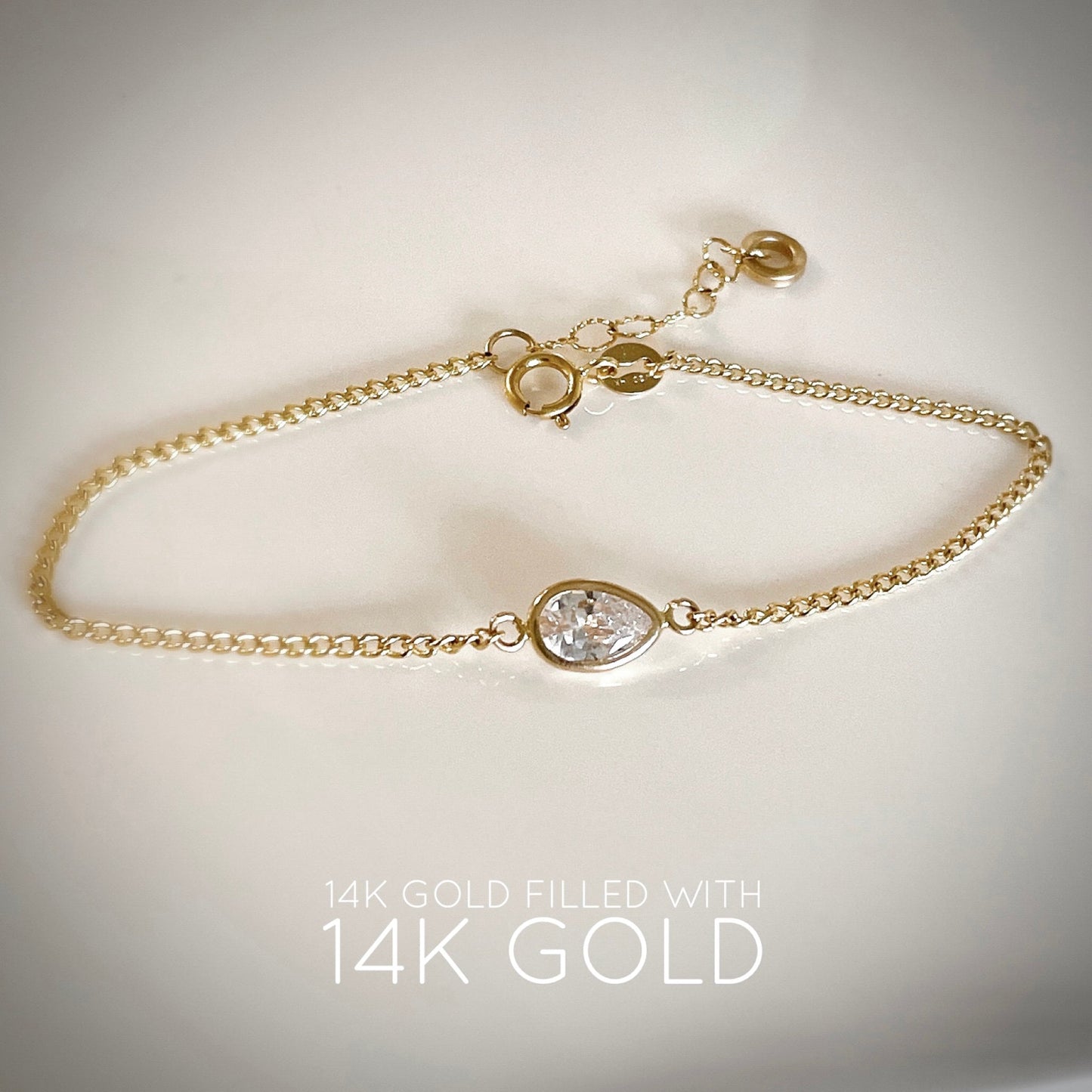 14KGF Pear CZ Solitaire Bracelet: Delicate Gold Filled Chain