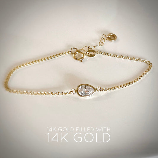 14KGF Pear CZ Solitaire Bracelet: Delicate Gold Filled Chain