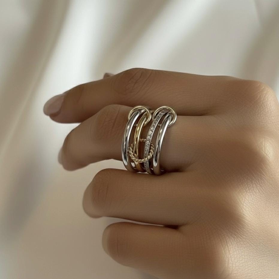 14KGF Gold  Eternity Multi Link Connected Ring, Two Tone Connected Rings (R50)