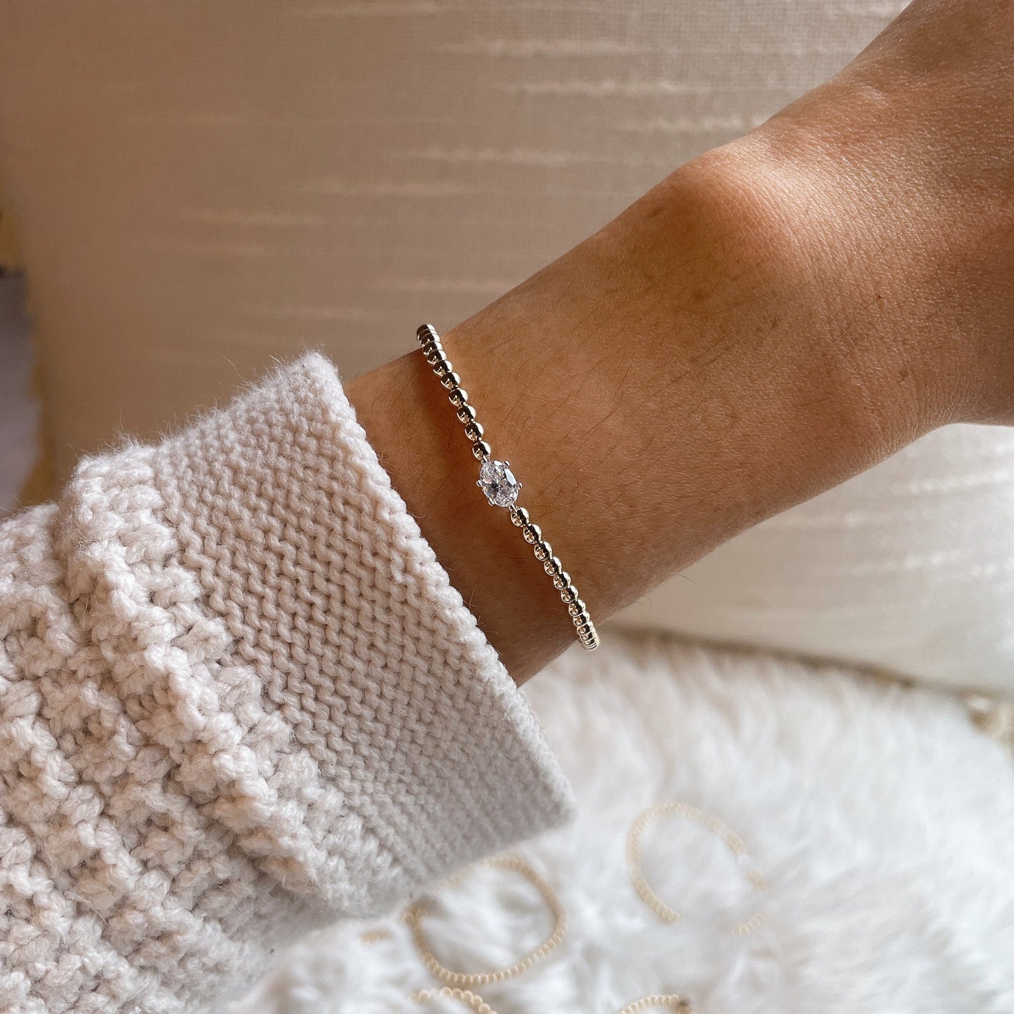 Belief Diamond Collection - 14K Gold Filled Lab Diamond Bracelet: Beaded Solitaire, D-E VVS