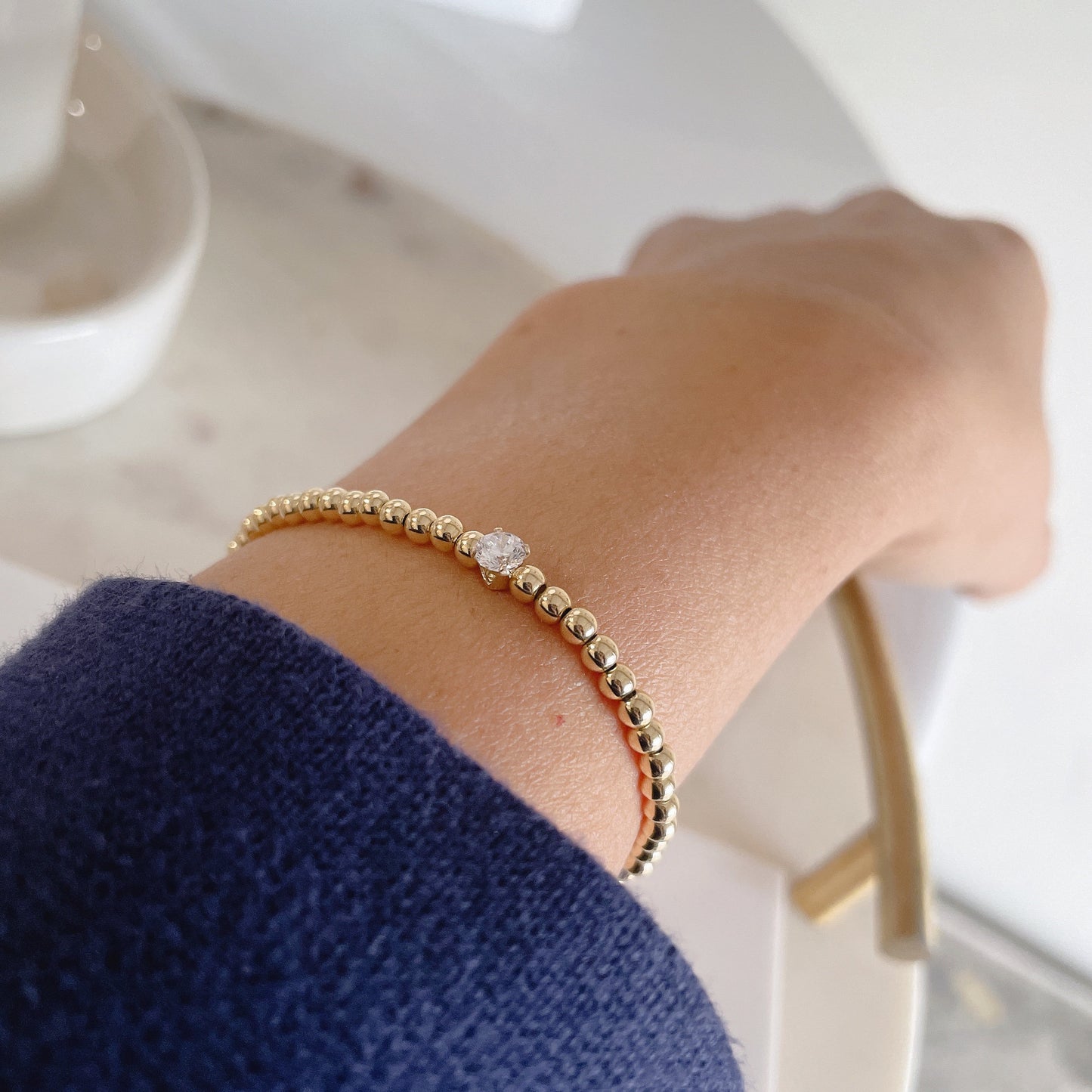 14K Gold Filled Beaded Bracelet: CZ Diamond Point Solitaire
