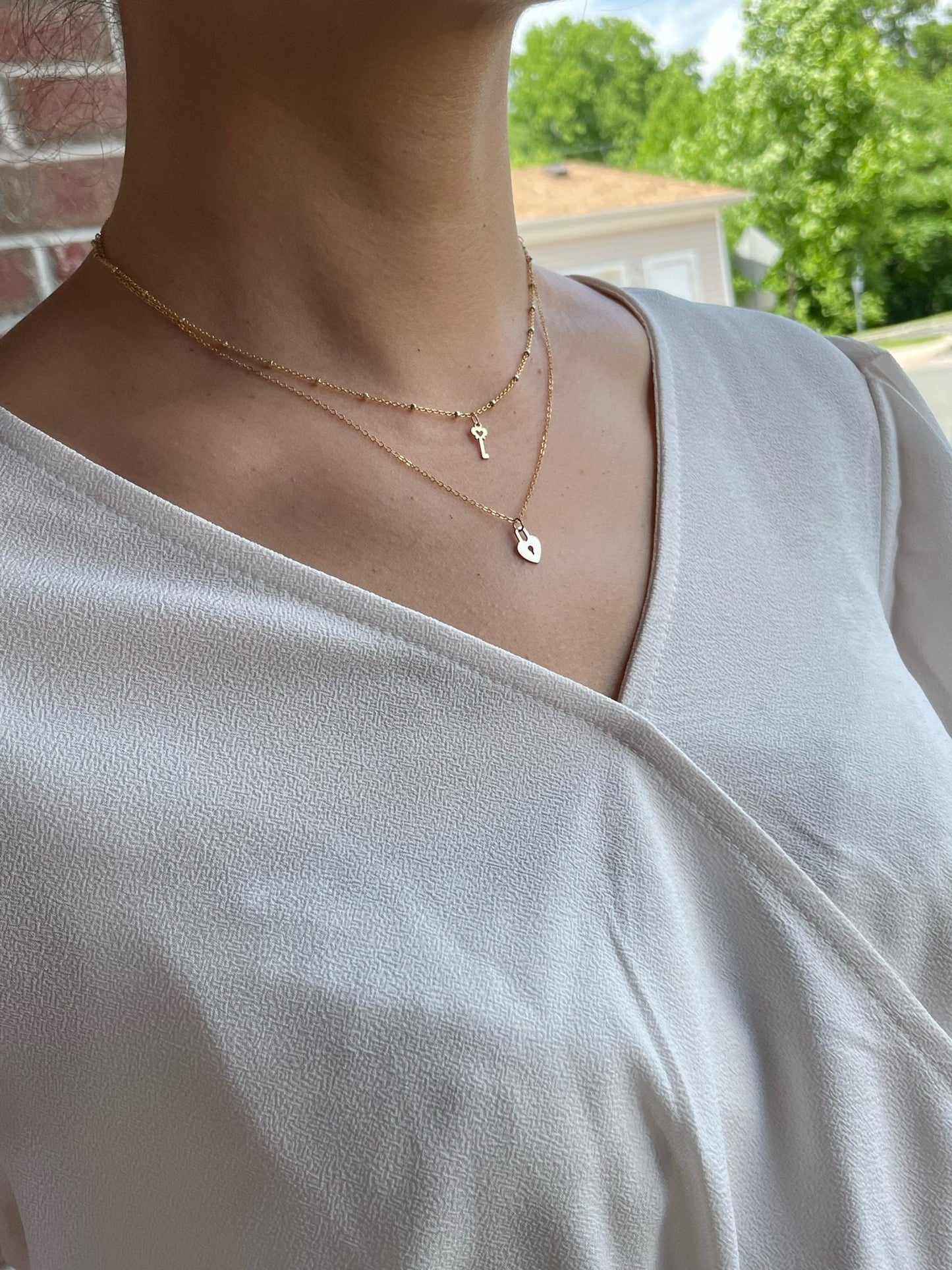 14K Gold-Filled Heart Lock and Key Double Strand Necklace