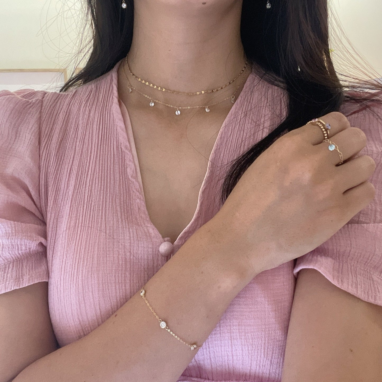 14KGF Dangle Necklace: Diamond CZ Choker with 14K Solid Gold