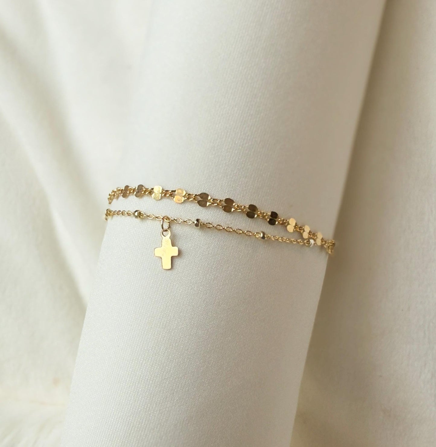 14KGF Gold Filled Double Chain Bracelet with Mini Cross Charm | Dapped & Satellite Layered Design | 1/20 14K Stamped