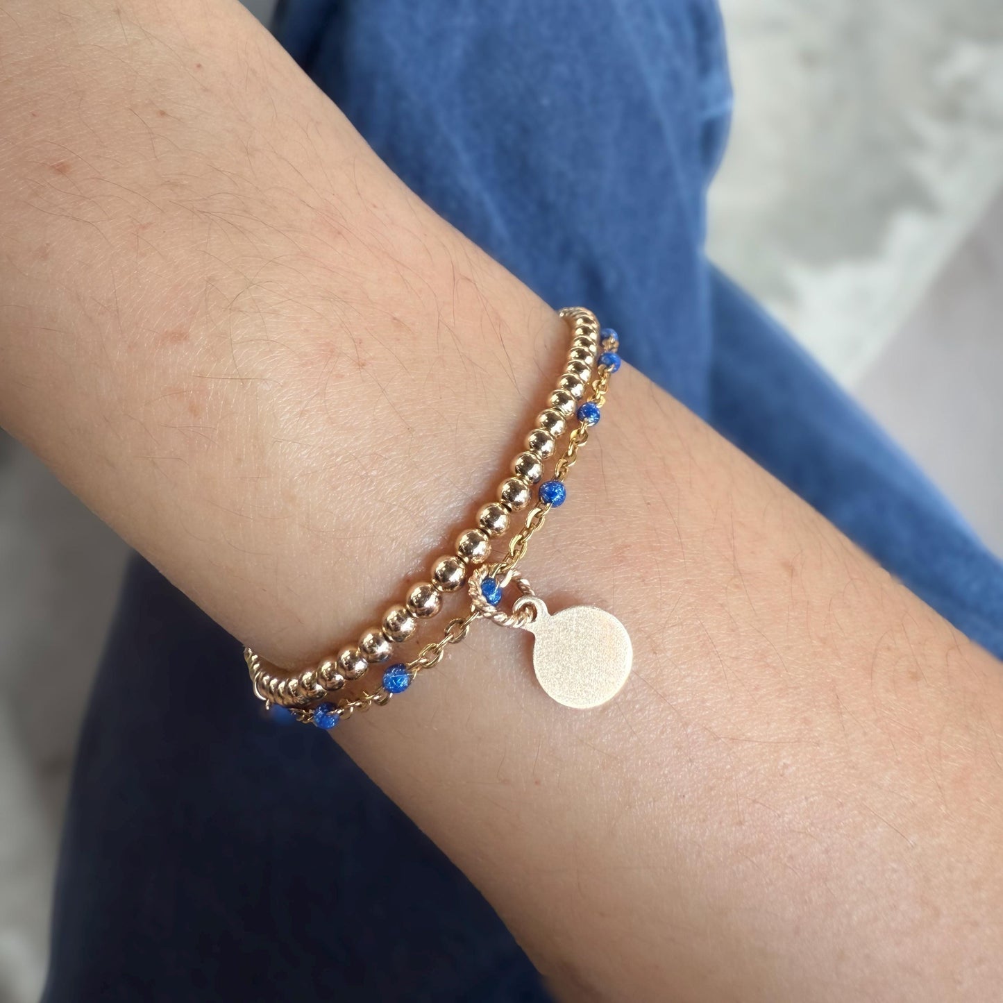 14KGF Dual Chain 3mm Gold Filled Beaded Bracelet | Easy Layered Look with Dainty Key Charm (B11)