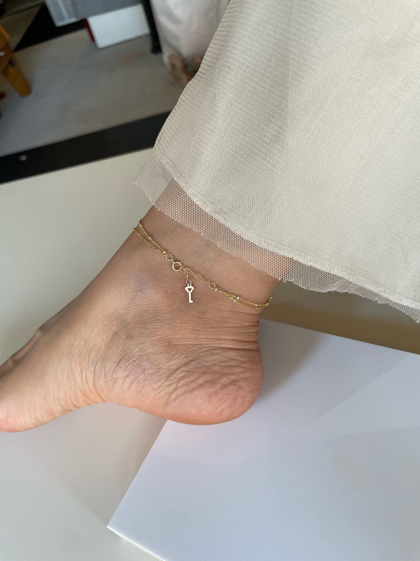 14KGF Gold Heart Lock and Key Double Stranded Anklet 14K Gold-Filled with 14K Solid Gold Dainty Anklet Gift for her
