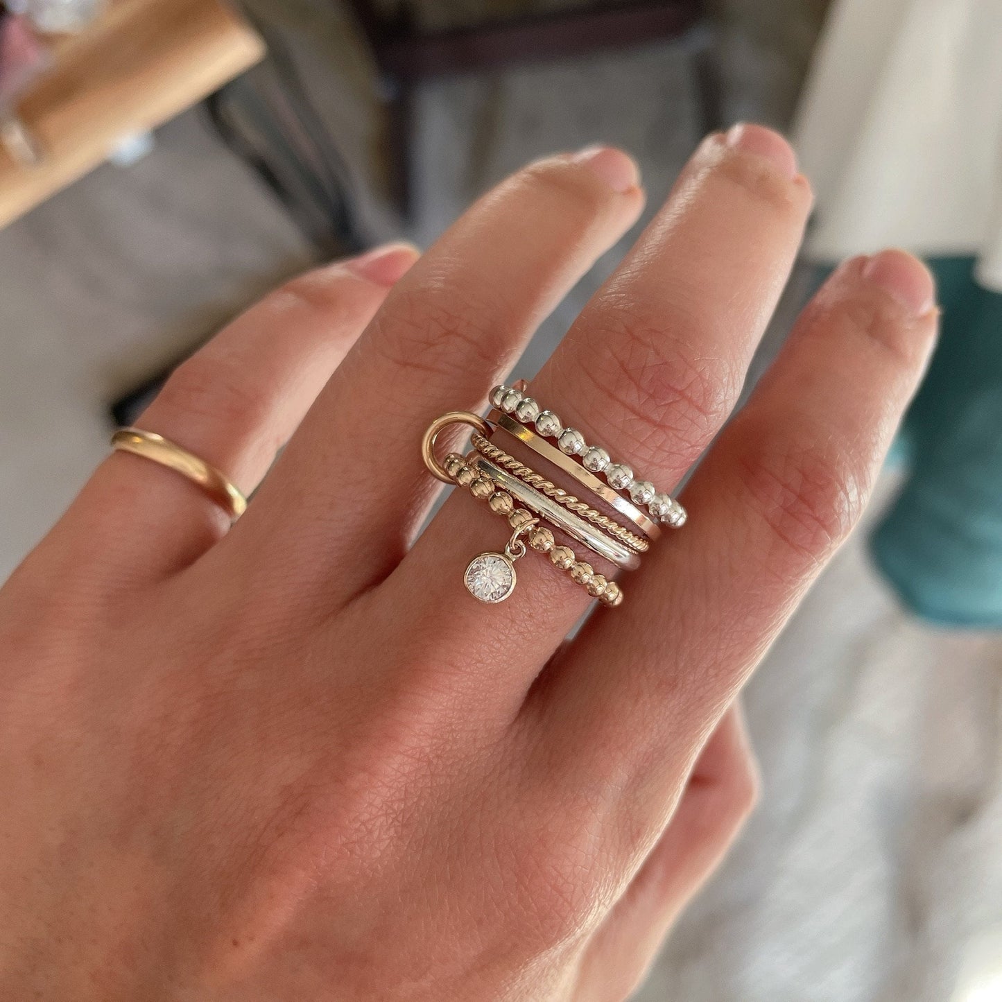 Belief Diamond Collection - Two-Tone Connected Ring: 14K Gold Fill & Sterling Silver Stacking Ring with Diamond Dangle (R12LGD)