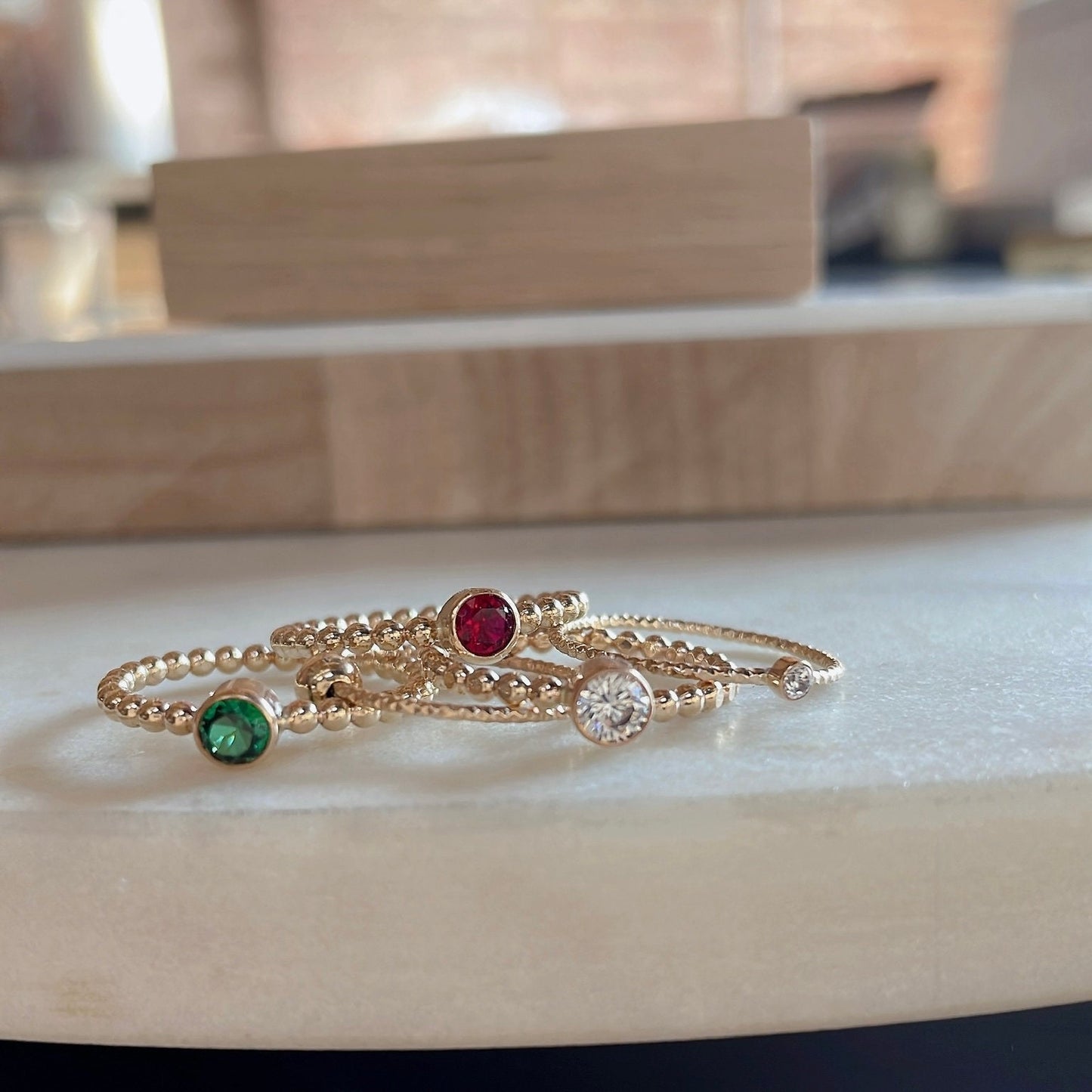 14K Gold Filled Ring Set: Garnet, Emerald, CZ Stackable Rings