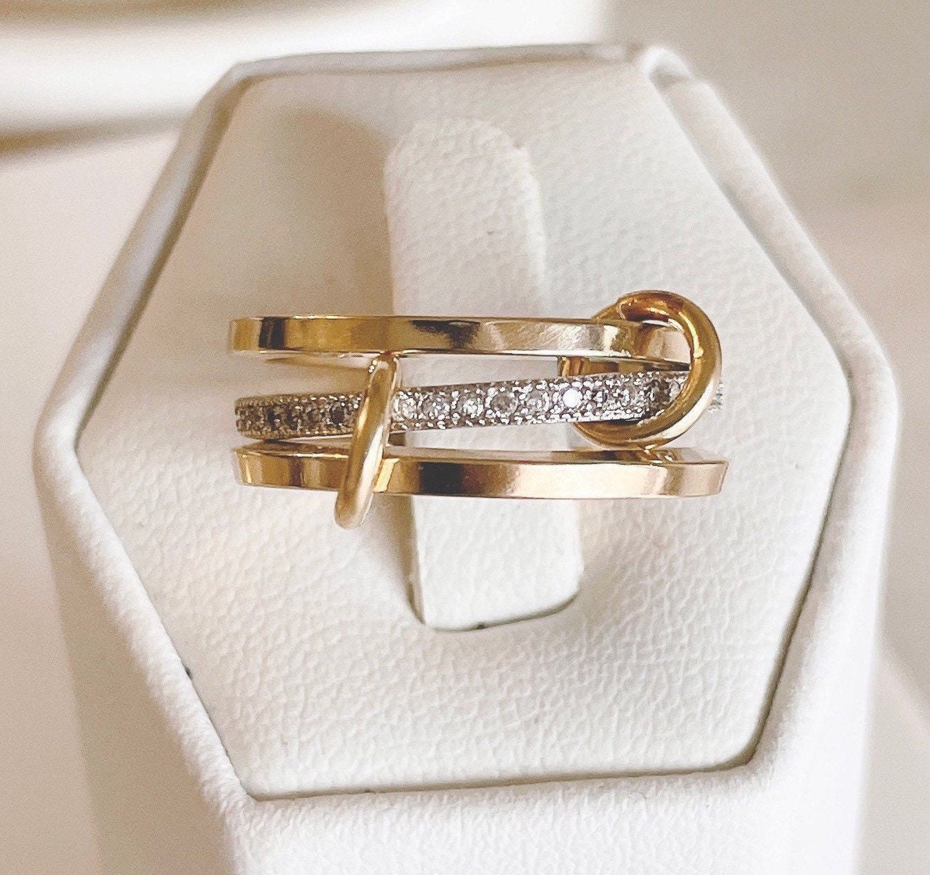 14KGF Gold Multi Link Ring: Chunky Interlocking Statement Ring